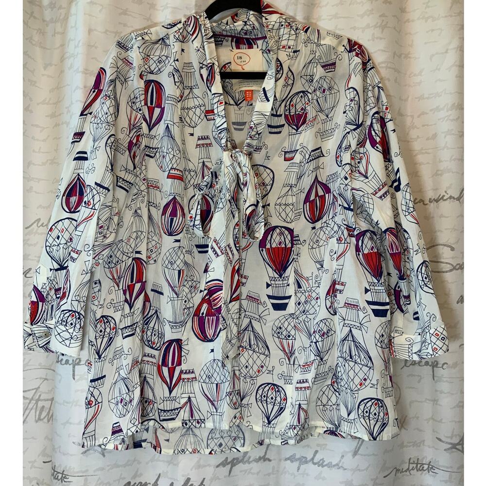 Anthropologie Hot Air Balloon Blouse Size 10 Tie Front Novelty Print Shirt